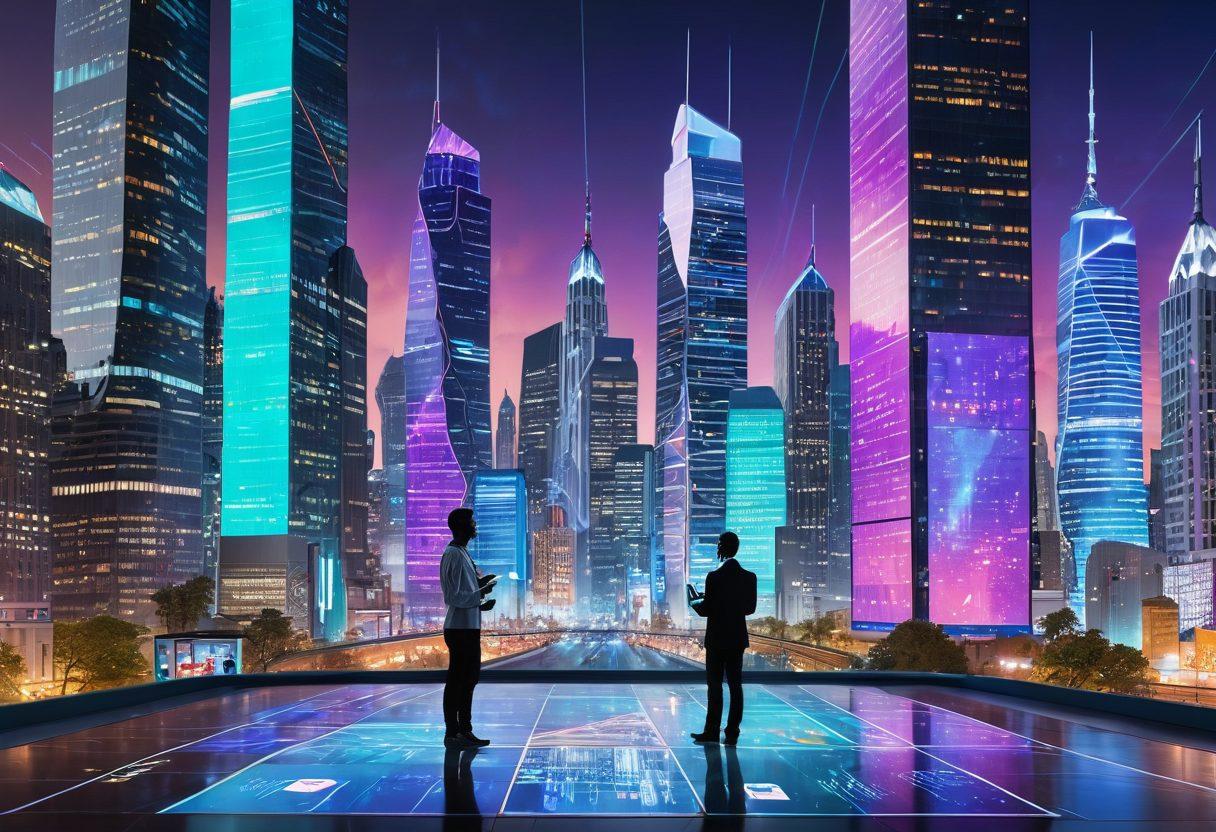 A futuristic cityscape with digital screens displaying insurance policies and statistics, a person, engaged in a virtual consultation with an AI device, showcasing tools, graphs, and smart coverage tips around them, vibrant colors, and a modern vibe. super-realistic. tech-inspired. bright background.