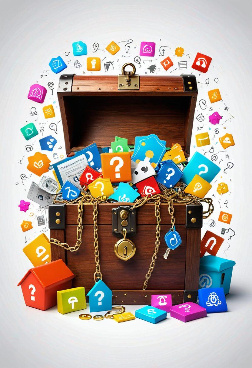 A detailed illustration of a locked treasure chest overflowing with diverse insurance policy icons like car, home, health, and life, surrounded by glowing question marks symbolizing secrets being unveiled. A bright, inviting key is poised above the chest, representing the unlocking of valuable knowledge. The background features subtle charts and graphs, hinting at competitive insights. The color scheme is vibrant and engaging, capturing attention while ensuring clarity. digital art. vibrant colors. white background.