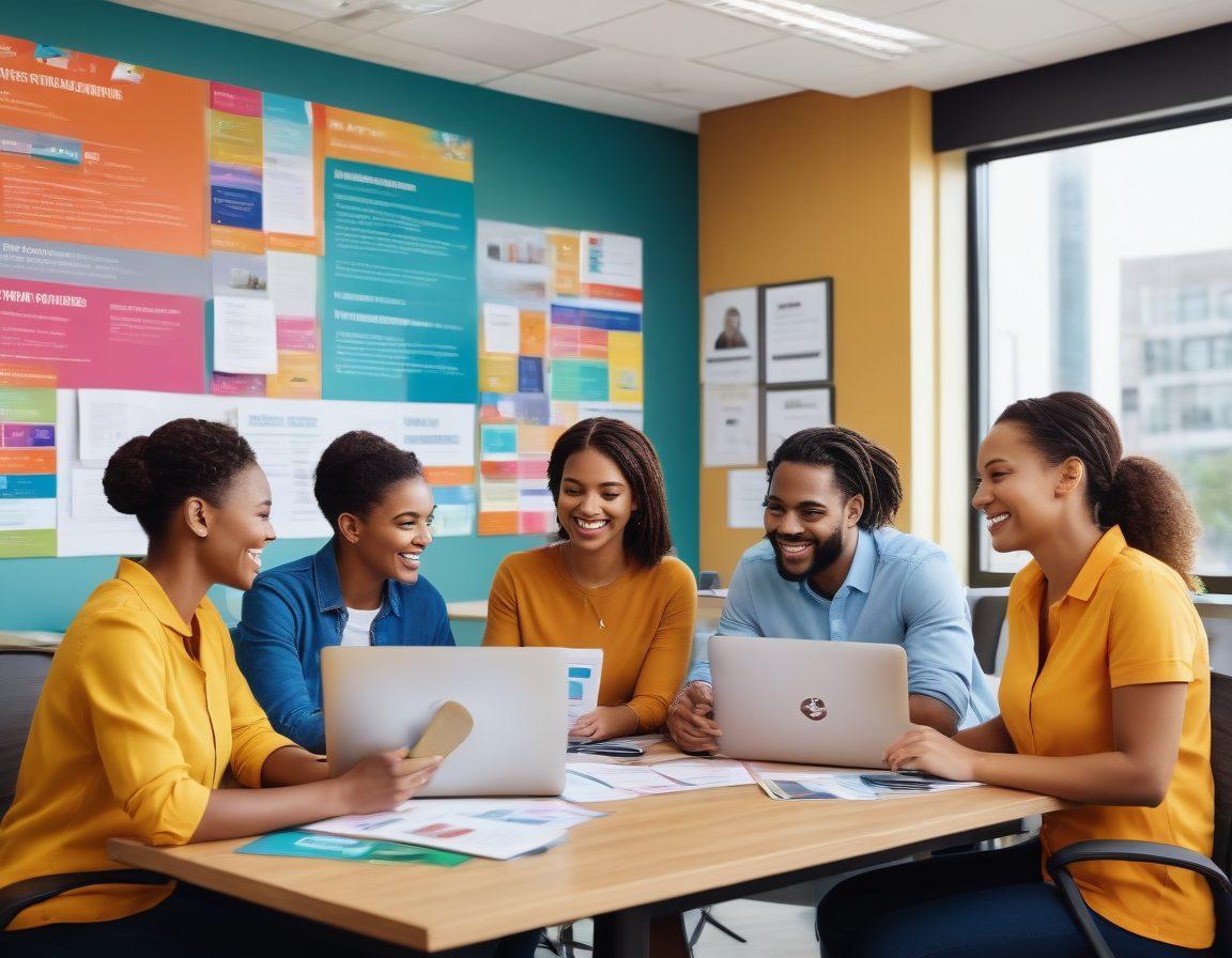 A digital collage showcasing a diverse group of people exploring various insurance options online, sitting at a table filled with colorful insurance brochures and laptops. Incorporate symbols of security and affordability, like a shield and a wallet. The background should be a bright, welcoming office space with motivational quotes on the walls. The scene should radiate positivity and empowerment, emphasizing accessibility in insurance. super-realistic. vibrant colors. modern illustration.